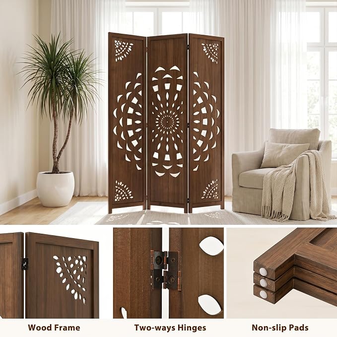 3 Panel Room dividers, 66.9" Boho Double-Sided Carved Screen, Freestanding - Image 3