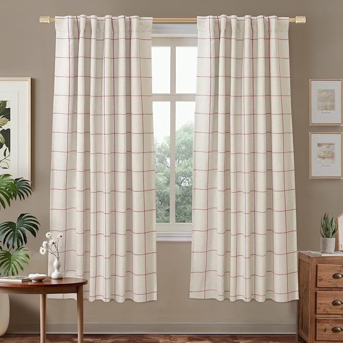 DriftAway 100% Blackout Plaid Linen Curtains 72 Inches Long 2 Panels Red | 100% by DriftAway