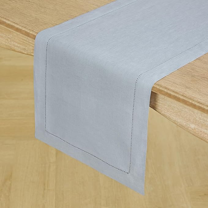 Solino Home Linen Dusty Blue Table Runner 48 Inches - Classic Hemstitch, 100% Pure Linen Coffee Table Runner 14 x 48 Inch Ideal for Dresser Tables