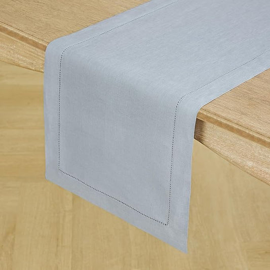 Solino Home Linen Dusty Blue Table Runner 48 Inches - Classic Hemstitch, 100% Pure Linen Coffee Table Runner 14 x 48 Inch Ideal for Dresser Tables