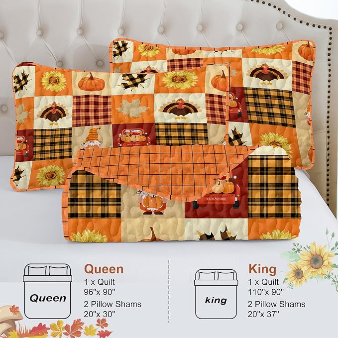 Fall Patchwork Quilt Set Queen Size 3 Piece Thanksgiving Bedding Set Orange | - Image 8