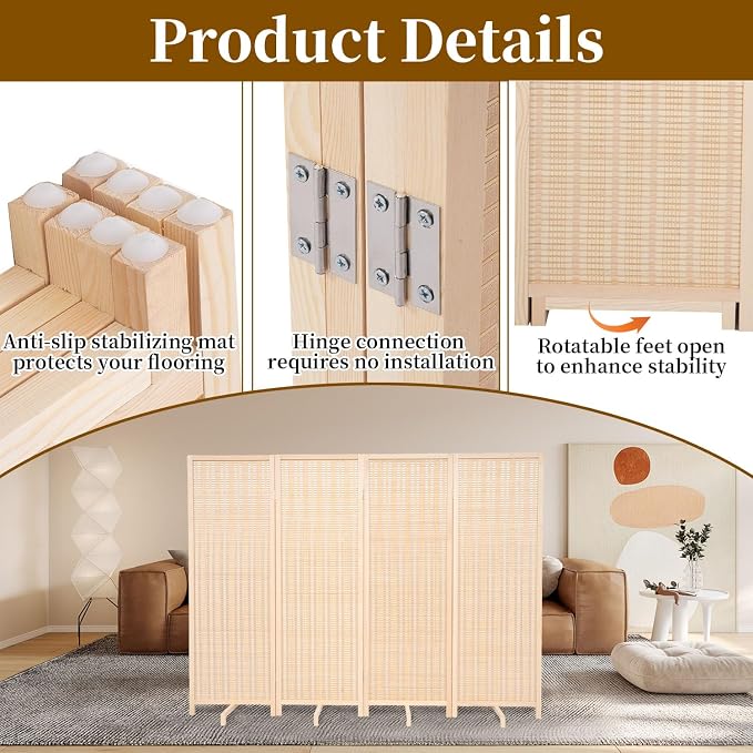 Bamboo Room Divider 4 Panel 47" H, 360°Rotating Feet Privacy Screen, Portable - Image 6