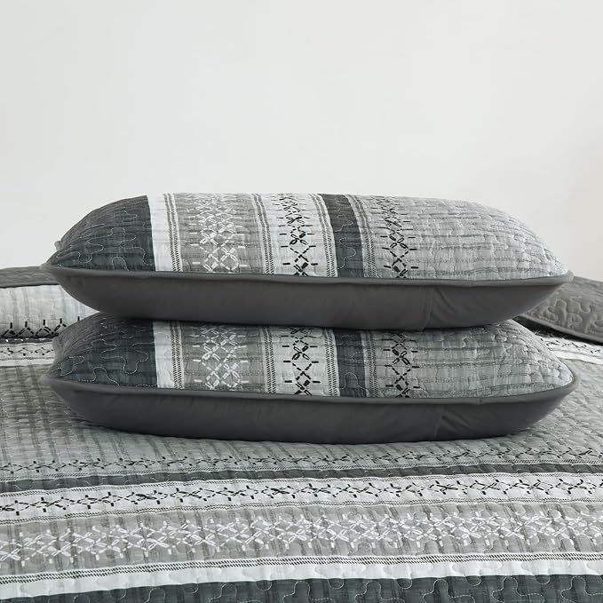 Cottolester Gery Quilt Set Queen, Soft Striped Texture Bedspread Coverlet | - Image 8