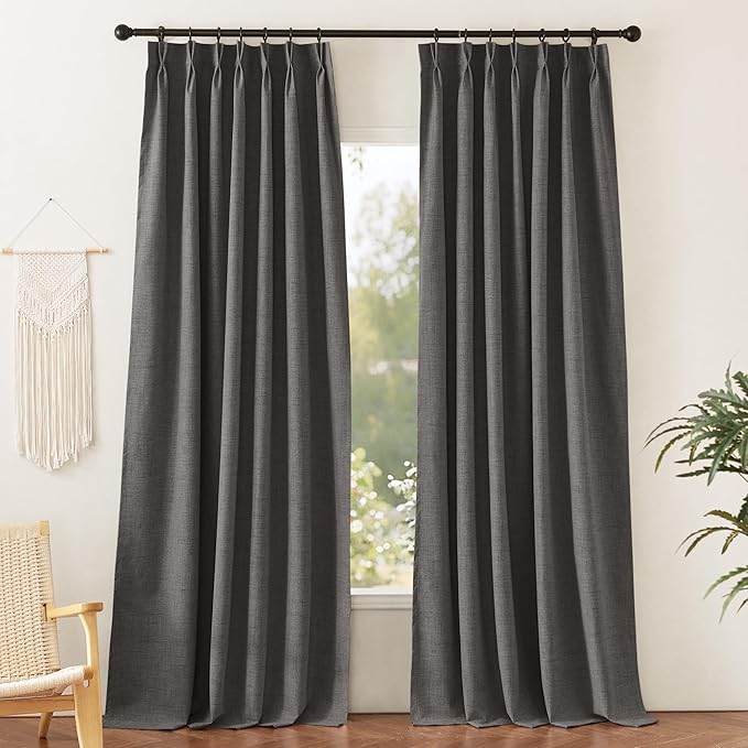RYB HOME Pinch Pleated Back Tab Curtains Linen Textured 100% Blackout Curtains by RYBHOME