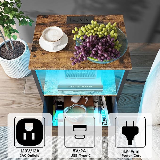 TUTOTAK LED End Table with Charging Station, Night Stand | Side Table with 2 - Image 7