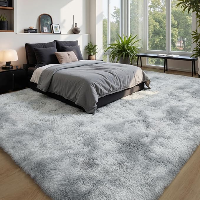 KICHOWUA Grey Tie-Dye Light Gray Fluffy 9x12 Rug Bedroom Living Room Shag | - Image 6