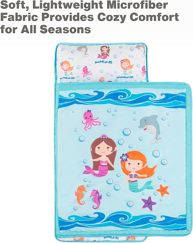 EVERYDAY KIDS Toddler Nap Mat with Removable Pillow -Underwater Mermaids- Carry Handle with Fastening Straps Closure, Rollup Design, Soft Microfiber for Preschool, Daycare Sleeping Bag, Ages 2-6 years