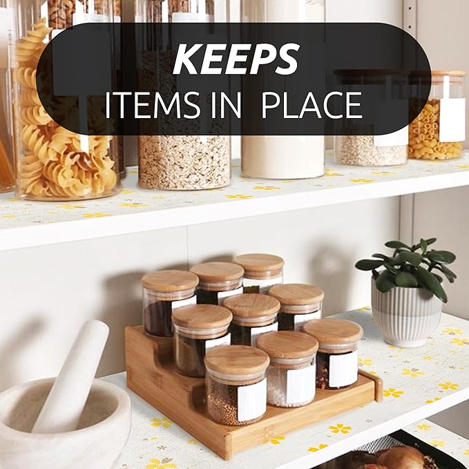 RAY STAR 18X96 Inch Shelf Liner for Kitchen Cabinets, Non-Adhesive Cabinet Liner Washable, PVC Drawer Liner for Dresser Non-Slip Bathroom (Yellow Floral)(1 Roll)