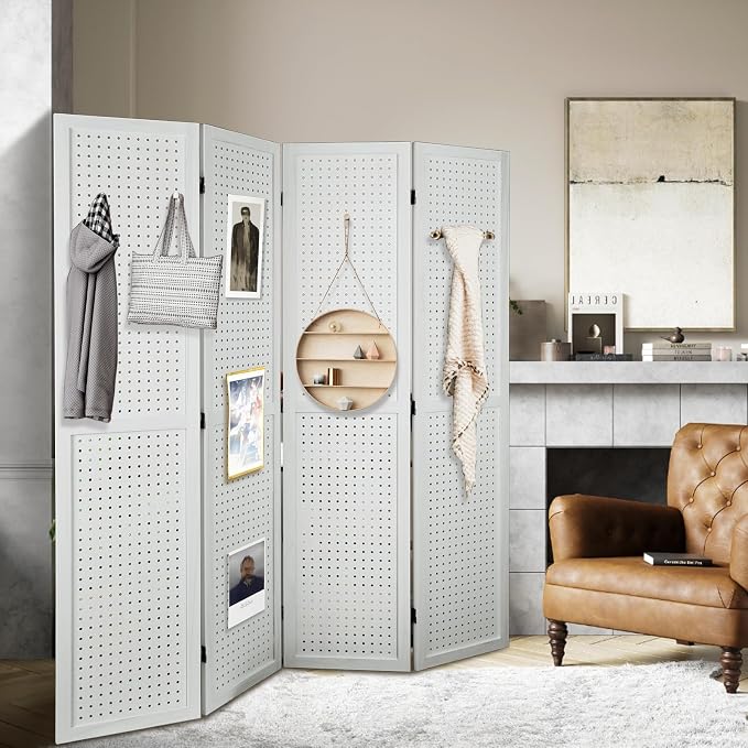 4 Panel Pegboard Room Divider | White Wood Folding Privacy Screen - Image 8