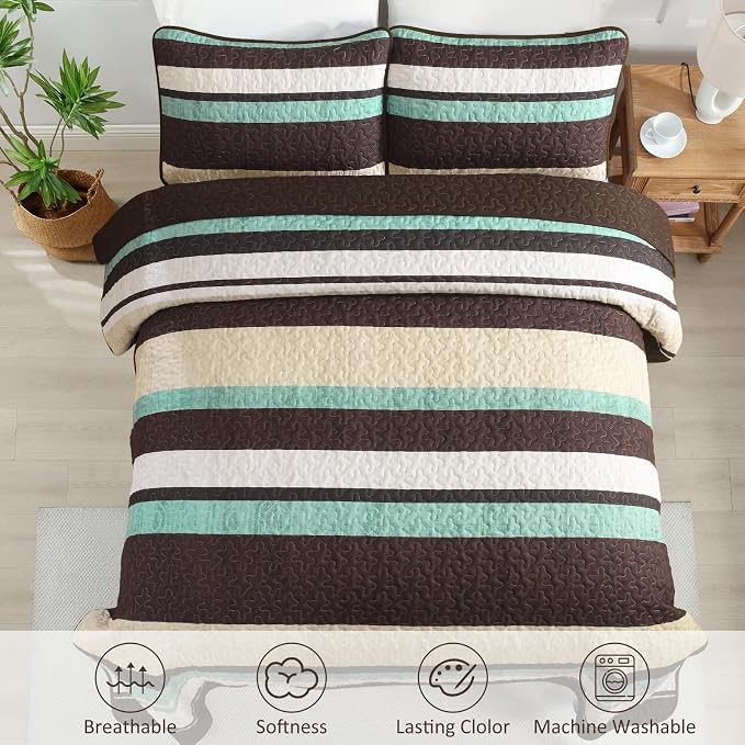 Dobuyly King Size Striped Quilt, Boho Brown Lightweight Bedspread Bedding | - Image 4