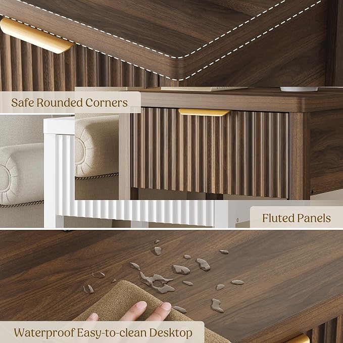 Night Stand Set 2, Fluted Wood Nightstands w/Charging Station - Image 7
