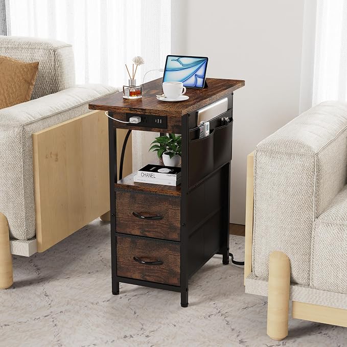 Yenlure Small Side Table with Charging Station, Narrow Nightstand Bedside - Image 6