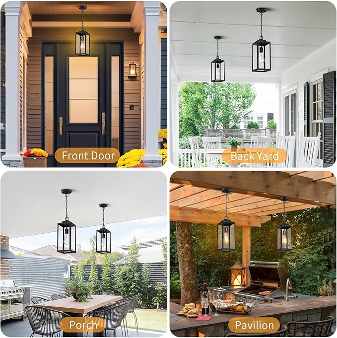 15'' Outdoor Pendant Light, Modern Outside Chandelier Outdoor Hanging Lantern Light, Matte Black with Clear Glass, Exterior Pendant Lighting Fixture Ceiling Mount for Porch, Entryway, Gazebo, 1Pack