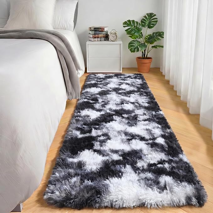Runner Rugs for Bedroom Living Room, Fluffy Black and White 2x6 Bedside Hallway - Image 5