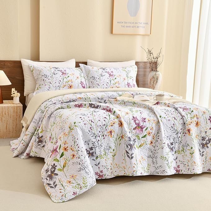 QSH 3Pcs Oversized King Bedspread Set, 100% Cotton Floral Quilt Bedding Set by QSH