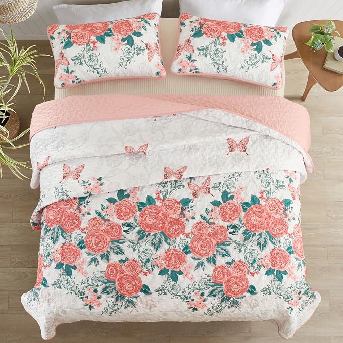 Yiran Pink Floral Quilt Set Queen Summer Botanical Bedspreads Bedding Set | 3 - Image 3