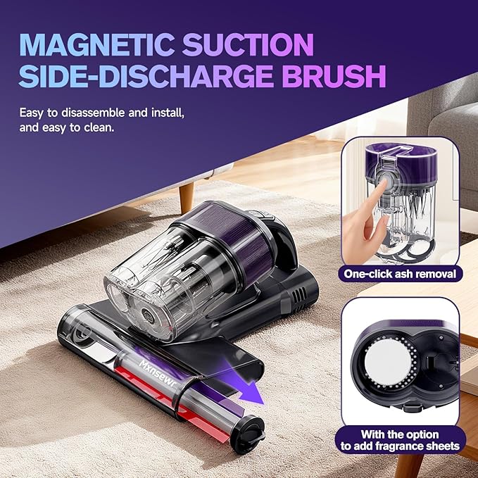 Mxnsewr Mattress Vacuum Cleaner, Ultrasonic Bed Vacuum Cleaner with 18Kpa Strong Suction, 150°F Heat & 253.7nm UV-C Light, Intelligent Dual Cup, One-Click Dust Removal for Bed, Sofa, Pet Hair, Grey