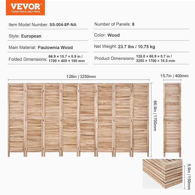 VEVOR Wood Room Divider, 8 Panel Wood Folding Privacy Screen, 66.9 Inches Tall - Image 8