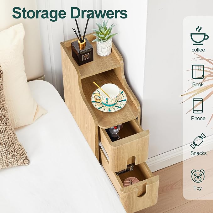 Small Nightstand Set of 2, Wood 2 Drawer Narrow Nightstand, Slim Side Table - Image 6