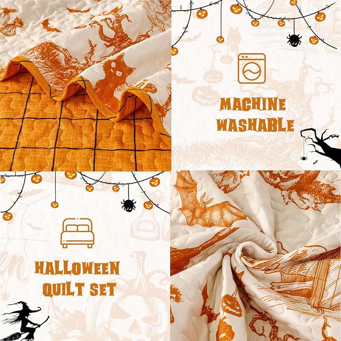 WONGS BEDDING Queen Pumpkin Castle Quilt Set, Halloween Bedspread Bedding | - Image 6