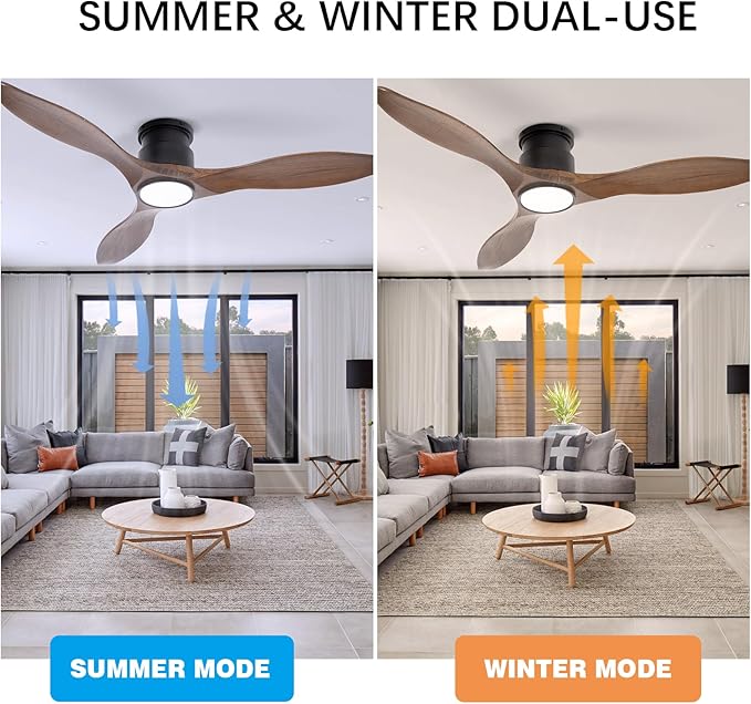 revoici 52'' Ceiling Fan with Lights and Remote, 3 Blade Amber Wood Low Profile Flush Mount Ceiling Fan Indoor, Reversible 6 Speeds Dimmable LED Light Fan for Bedroom Living Room Farmhouse