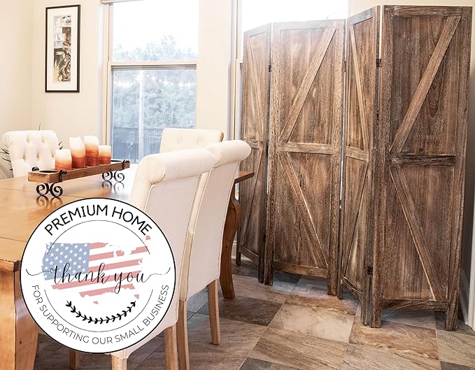 Premium Home 4-Panel Room Divider – Rustic Brown Barn Door, K Pattern Folding - Image 4