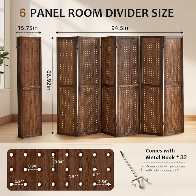 6 Panel Pegboard Room Divider, Folding Privacy Screen, Freestanding Wooden - Image 3