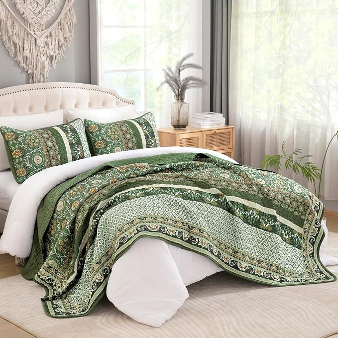 Yiran Quilts King Size, Fall Olive Green Bedspreads Bedding Set | Lightweight - Image 7