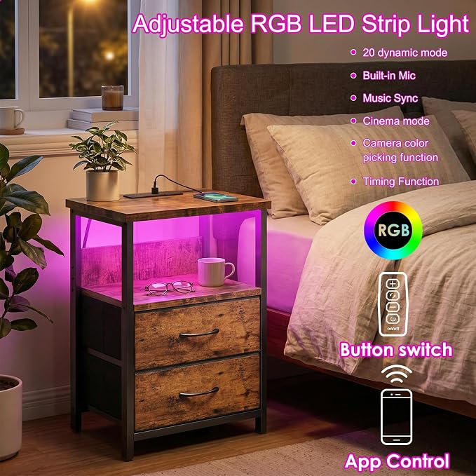 Fixwal Night Stand with Charging Station, Led Nightstand, 2 Fabric Drawers | - Image 4