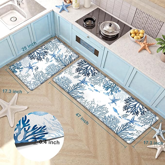 Kitchen Mats for Floor Cushioned Anti Fatigue Sets of 2 Coastal Kitchen Rugs Non Slip Waterproof Nautical Foam Kitchen Floor Rug Beach Theme Coral Fish Comfort Standing Mat for Sink Laundry, Blue