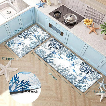 Kitchen Mats for Floor Cushioned Anti Fatigue Sets of 2 Coastal Kitchen Rugs Non Slip Waterproof Nautical Foam Kitchen Floor Rug Beach Theme Coral Fish Comfort Standing Mat for Sink Laundry, Blue
