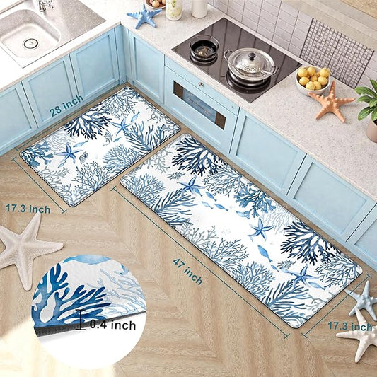 Kitchen Mats for Floor Cushioned Anti Fatigue Sets of 2 Coastal Kitchen Rugs Non Slip Waterproof Nautical Foam Kitchen Floor Rug Beach Theme Coral Fish Comfort Standing Mat for Sink Laundry, Blue