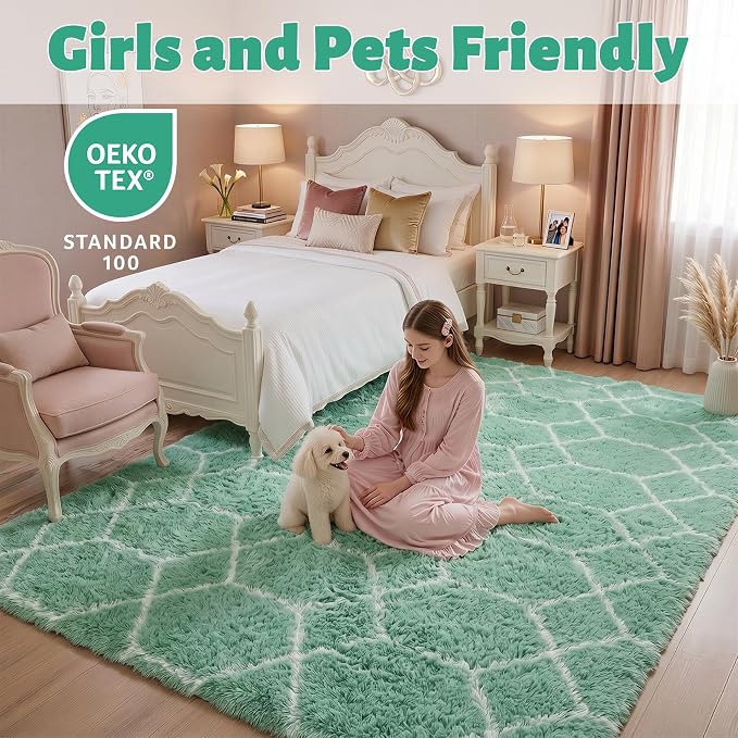 Rugs for Living Room Bedroom, 5x8 Fluffy Sage Green and White Area Rug - Image 3
