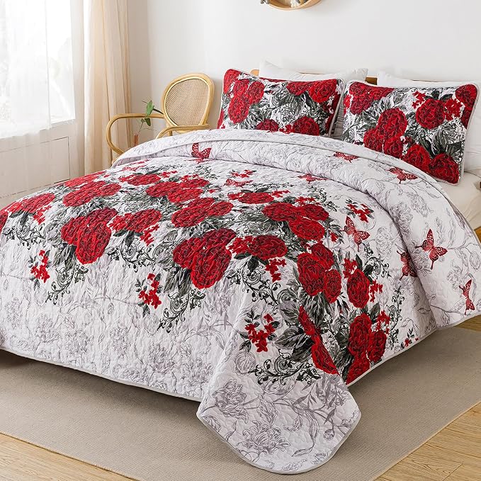 Yiran Full Size Quilt Red, Rose Floral Bedspread Bedding Set | 3 Pieces - Image 2