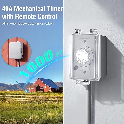 SURAIELEC 40A 240V 3HP Outdoor Timer Switch with 1000FT RF Remote, 24H Mechanical Heavy Duty Controller for Pool Pump, Water Heater, EV Charger, Irrigation, and Other Large Equipment
