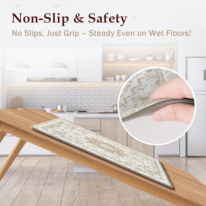 Boho Kitchen Mats for Floor 2 Piece Set Anti Fatigue Cushioned PVC Kitchen Rugs Non Slip Waterproof Farmhouse Mats 2/5 Inch Comfort Standing Mat for Sink, Laundry, 17.3"x59"+17.3"x28", Beige Tan