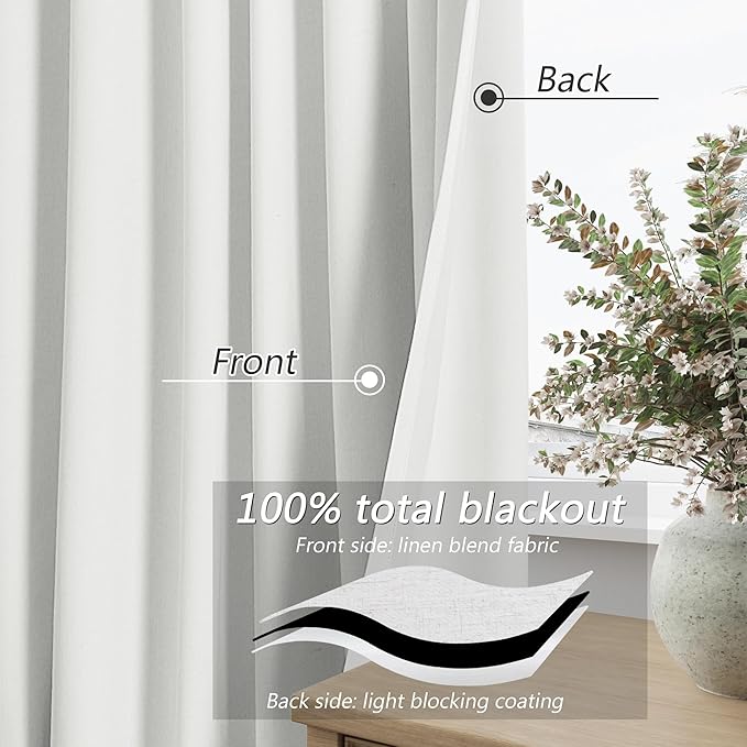 White 100% Blackout Linen Curtains 63 Inch Length 2 Panels Set - Image 3