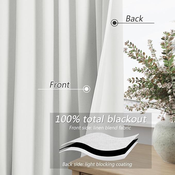 Off White 100% Blackout Linen Curtains 72 Inch Length 2 Panels Set - Image 3