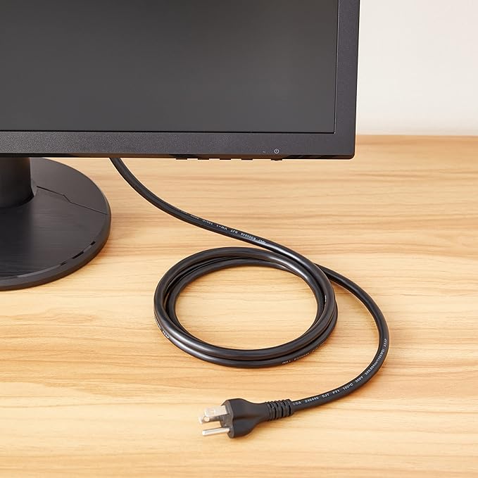 Amazon Basics PC Power Cord, 6 feet, AC Power Cord for Monitor, Computer, TV, 3 Prong, 18 AWG, 125 Volts, Black