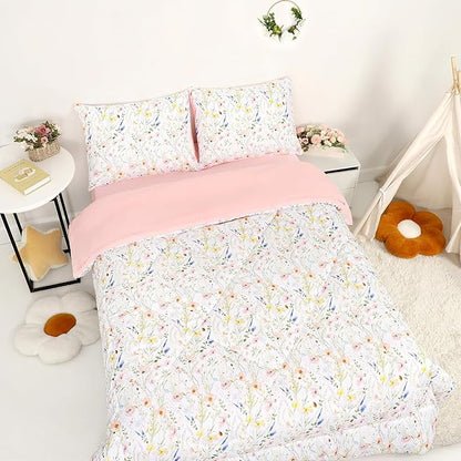 Twin Size Toddler Bedding Set for Girls- 5 Piece Toddler Girl Bedding, Super Soft & Lightweight Toddler Comforter Set Includes Comforter, Flat Sheet, Fitted Sheet, Pillowcase (Pink Flowers)