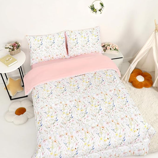 Twin Size Toddler Bedding Set for Girls- 5 Piece Toddler Girl Bedding, Super Soft & Lightweight Toddler Comforter Set Includes Comforter, Flat Sheet, Fitted Sheet, Pillowcase (Pink Flowers)