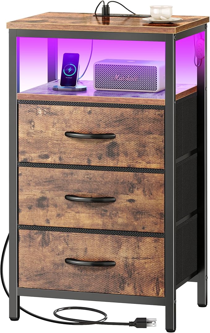 Huuger Night Stand with Charger Station and LED Lights, 3 Drawer Nightstand | by Huuger