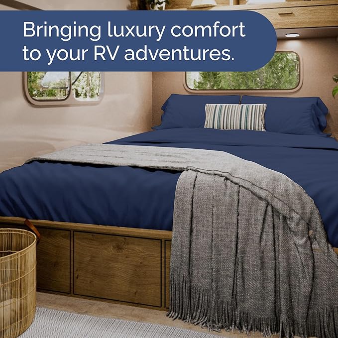 RV Short Queen Sheet Set 60 X 75 - 4 Piece RV Short Queen Bed Sheets - Soft, Breathable & Cooling - Designed for Bunks, Trailers & Camper - Fits 8” to 12" Mattress - Hotel Luxury Bedding - Navy Blue