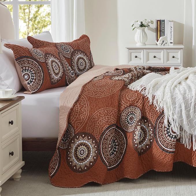 3-Piece Full Queen Size Burnt Orange Rust Quilt Set Lightweight Oversized - Image 3