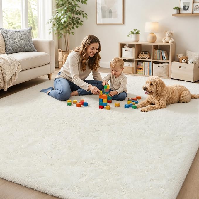 PLHXFR 9x12 Area Rugs Living Room: Fluffy Bedroom Rug Shag Carpet White | - Image 7