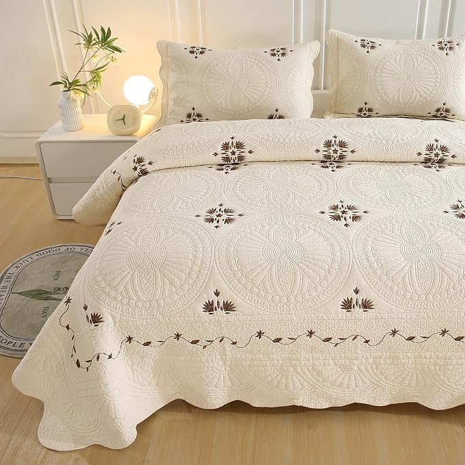 ROOMLIFE Quilt Set Full Size 3D Floral Embroidery Pattern 3-Piece Cotton | - Image 8