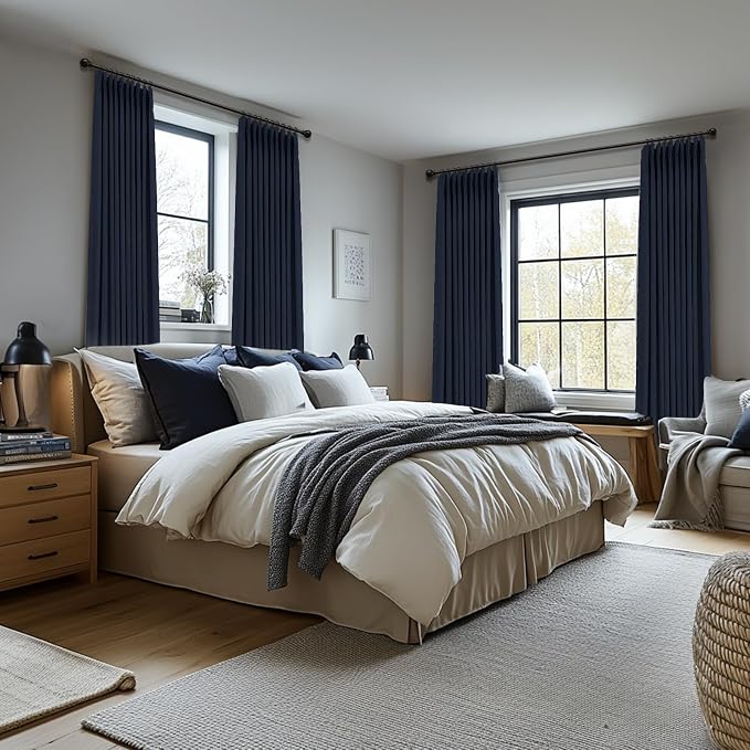 Pinch Pleated Full Blackout Faux Linen Curtains 90 Inches Long | Midnight Blue - Image 5