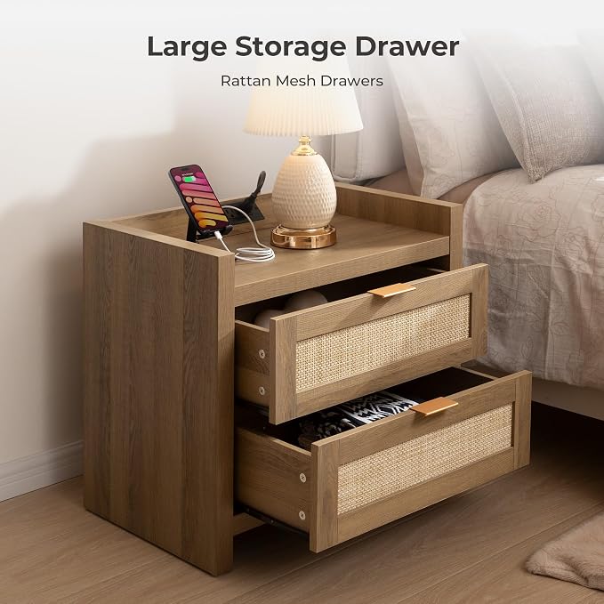 SICOTAS Night Stand with 2 Large Drawers : Rattan Bedside Table | Farmhouse - Image 3