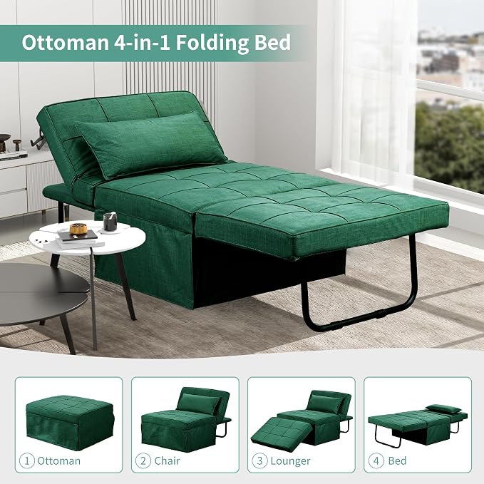Green Sofa Bed, Convertible Chair 4 in 1 Multi-Function Modern Folding Ottoman - Image 3
