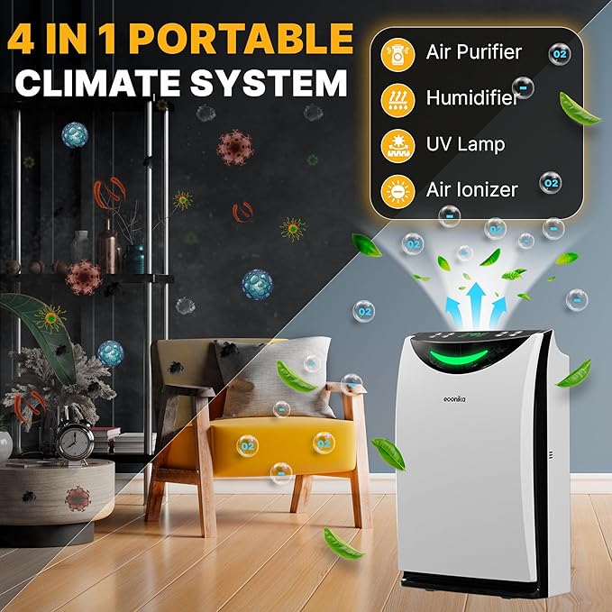 Econika Air Purifier and Humidifier Combo – HEPA Air Purifier with UV Light, Quiet for Bedroom and Living Room – Whole House Large Room Cleaner
